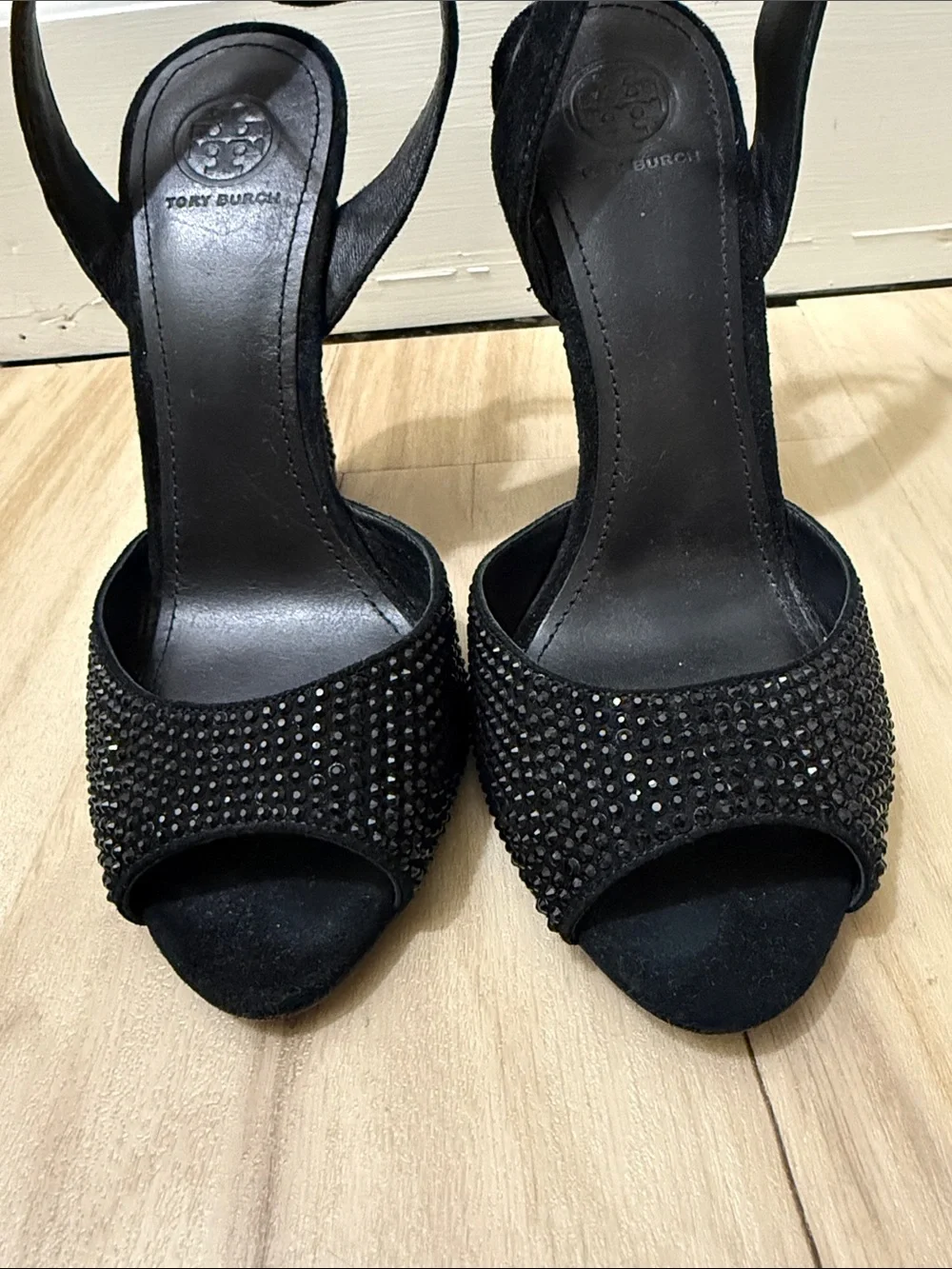 Tory Burch Black Crystal-Studded Wedge Sandals with Ankle Strap